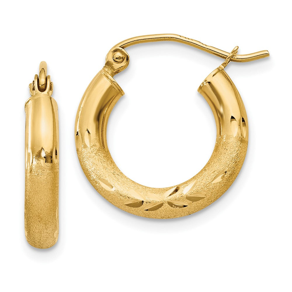 10k Satin & Diamond-cut 3mm Round Hoop Earrings, 16 x 3 mm