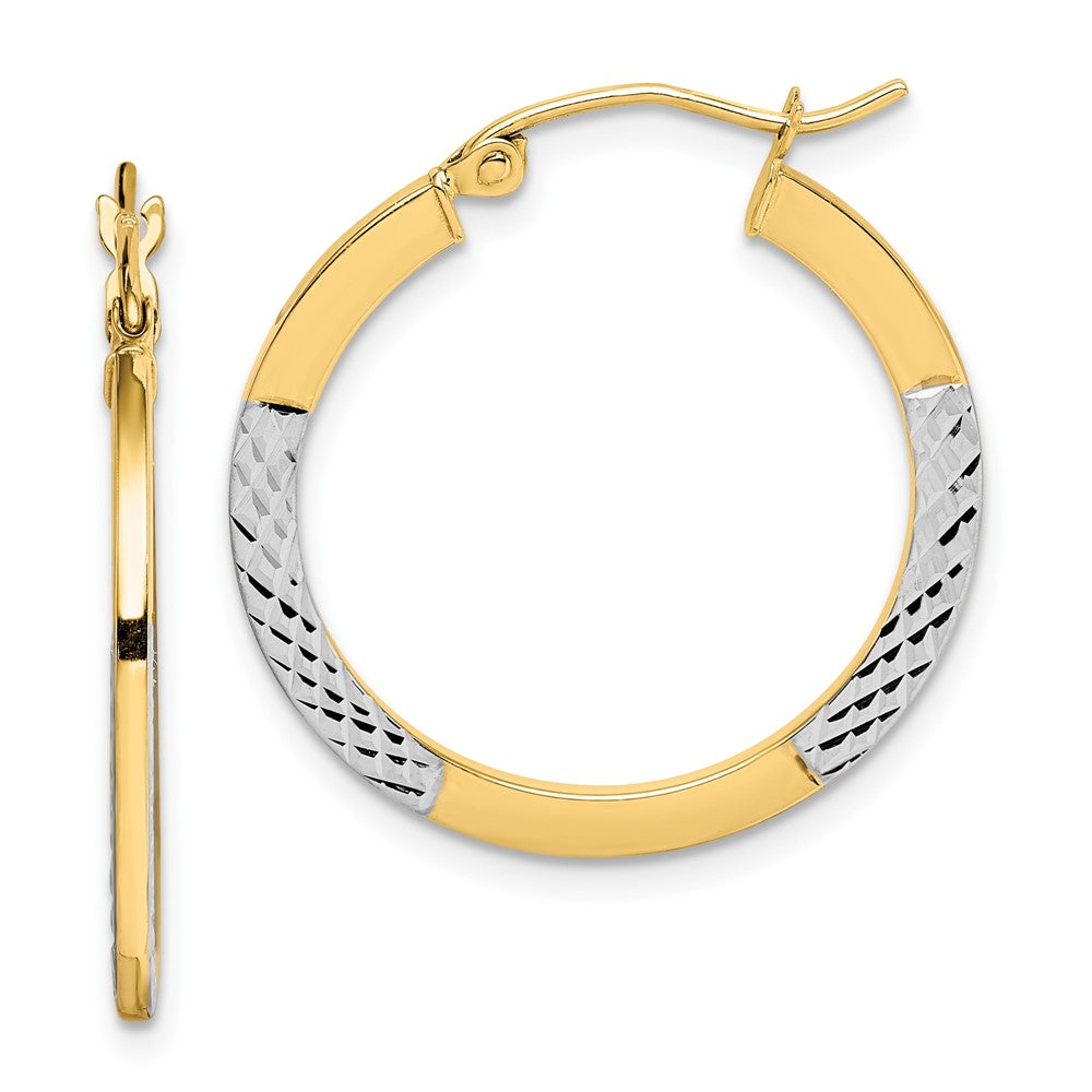 10K & Rhodium Diamond Cut 2.5x20mm Hoop Earrings, 20 x 2.5 mm, 1.48 g