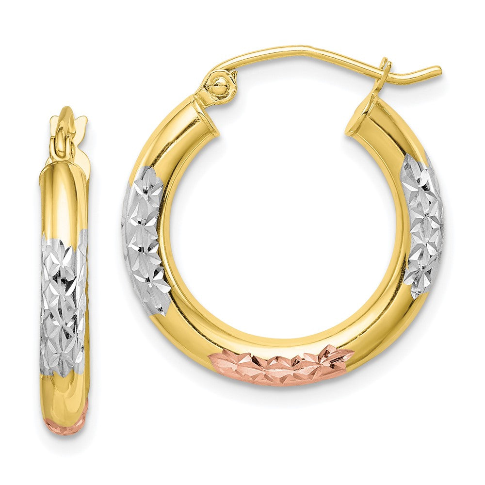 10K White & Rose Rhodium D/C 3x20mm Hoop Earrings, 21 x 20 mm