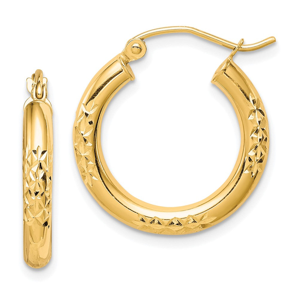 10K Diamond Cut 3x20mm Hollow Tube Hoop Earrings, 20 x 3 mm