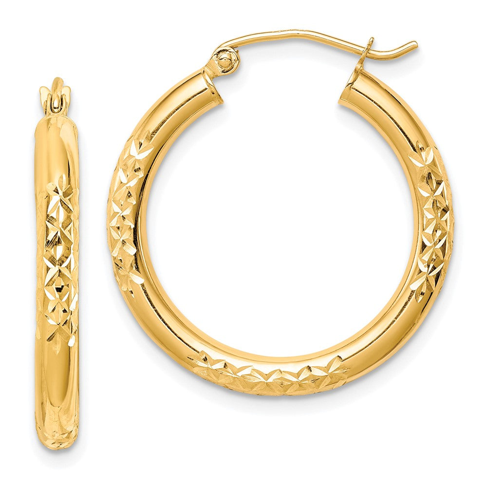 10K Diamond Cut 3x25mm Hollow Tube Hoop Earrings, 25 x 3 mm