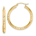 10K Diamond Cut 3x30mm Hollow Tube Hoop Earrings, 30 x 3 mm