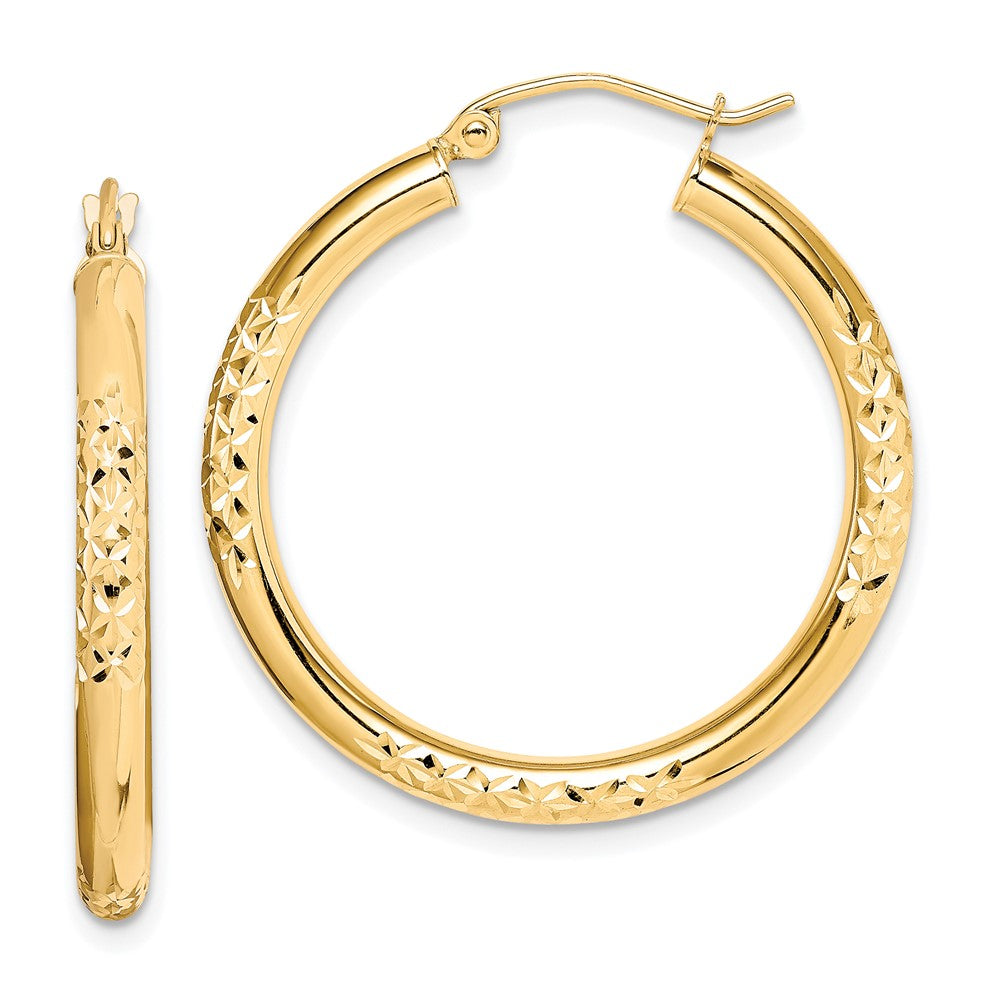 10K Diamond Cut 3x30mm Hollow Tube Hoop Earrings, 30 x 3 mm