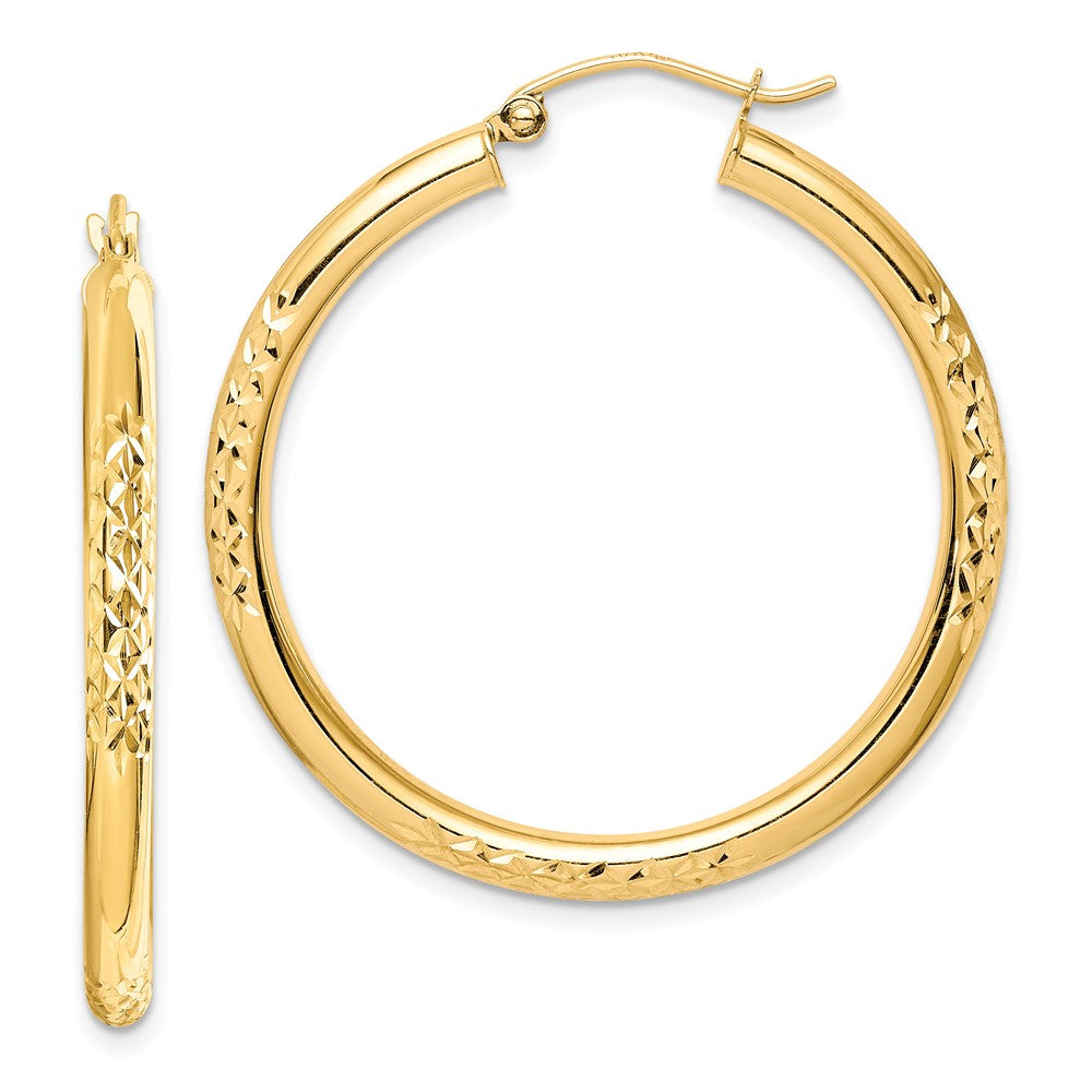 10K Diamond Cut 3x35mm Hollow Tube Hoop Earrings, 35 x 3 mm