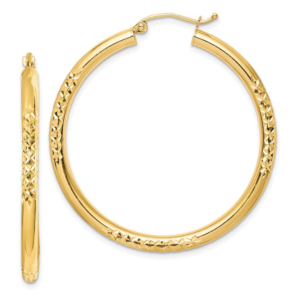 10K Diamond Cut 3x40mm Hollow Tube Hoop Earrings, 40 x 3 mm
