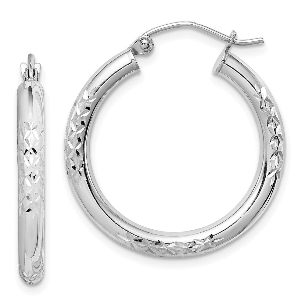 10K White Gold Diamond Cut 3mm Hoop Earrings, 26 x 3 mm