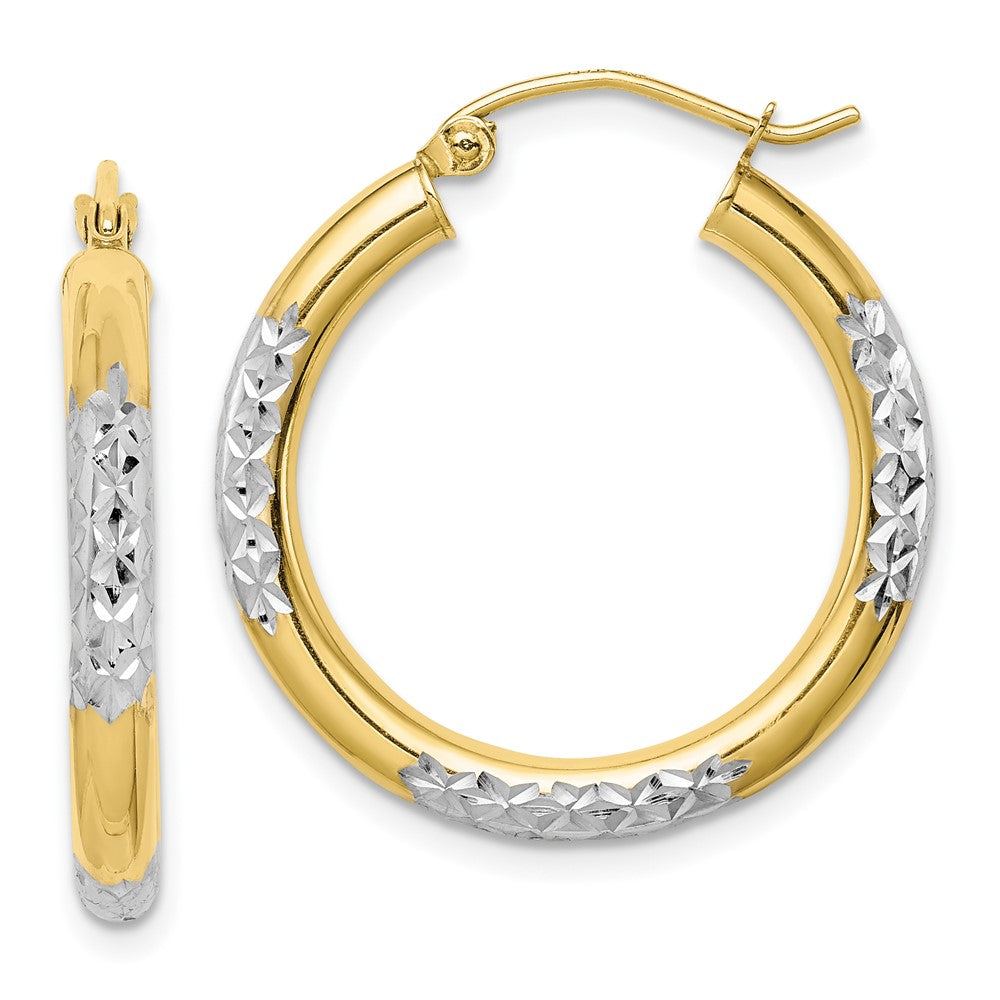 10K & Rhodium Diamond Cut 3mm Hoop Earrings, 25 x 3 mm