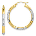 10K & Rhodium Diamond Cut 3mm Hoop Earrings, 30 x 3 mm