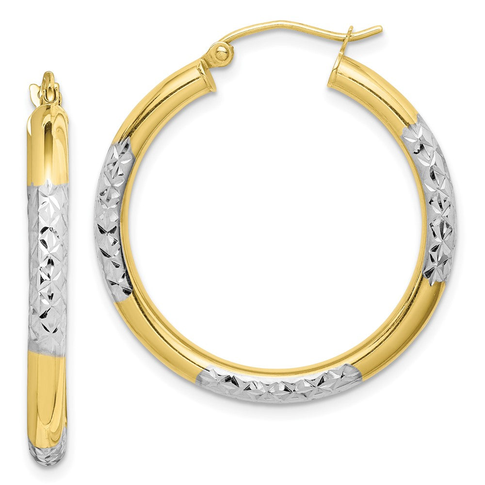 10K & Rhodium Diamond Cut 3mm Hoop Earrings, 30 x 3 mm
