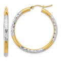 10K & Rhodium Diamond Cut 3mm Hoop Earrings, 35 x 3 mm