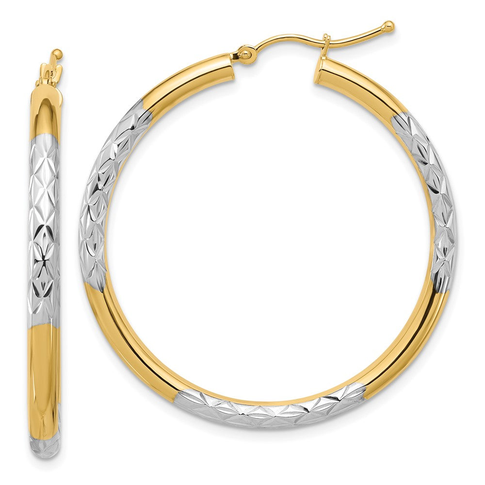 10K & Rhodium Diamond Cut 3mm Hoop Earrings, 40 x 3 mm