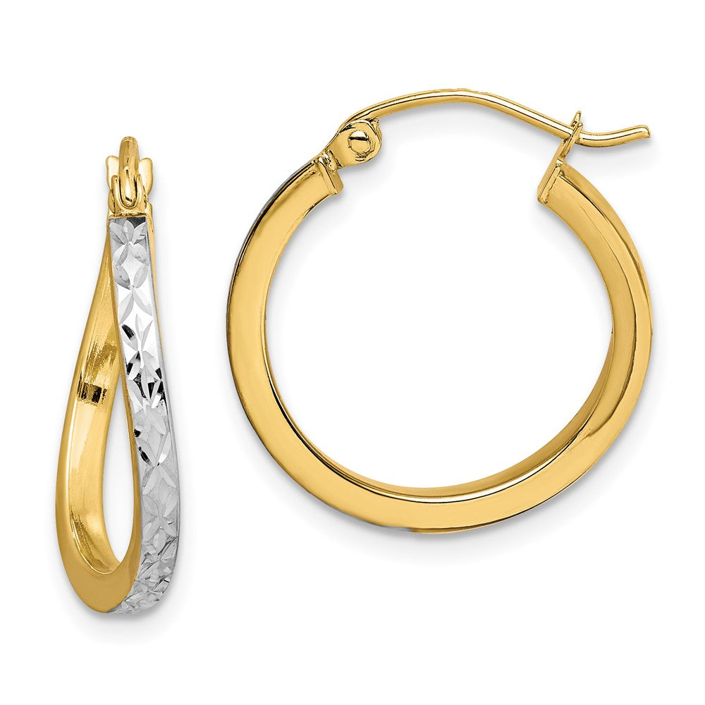10k and White Rhodium Diamond-cut Textured Wavy Hoop Earrings, 20 x 20 mm