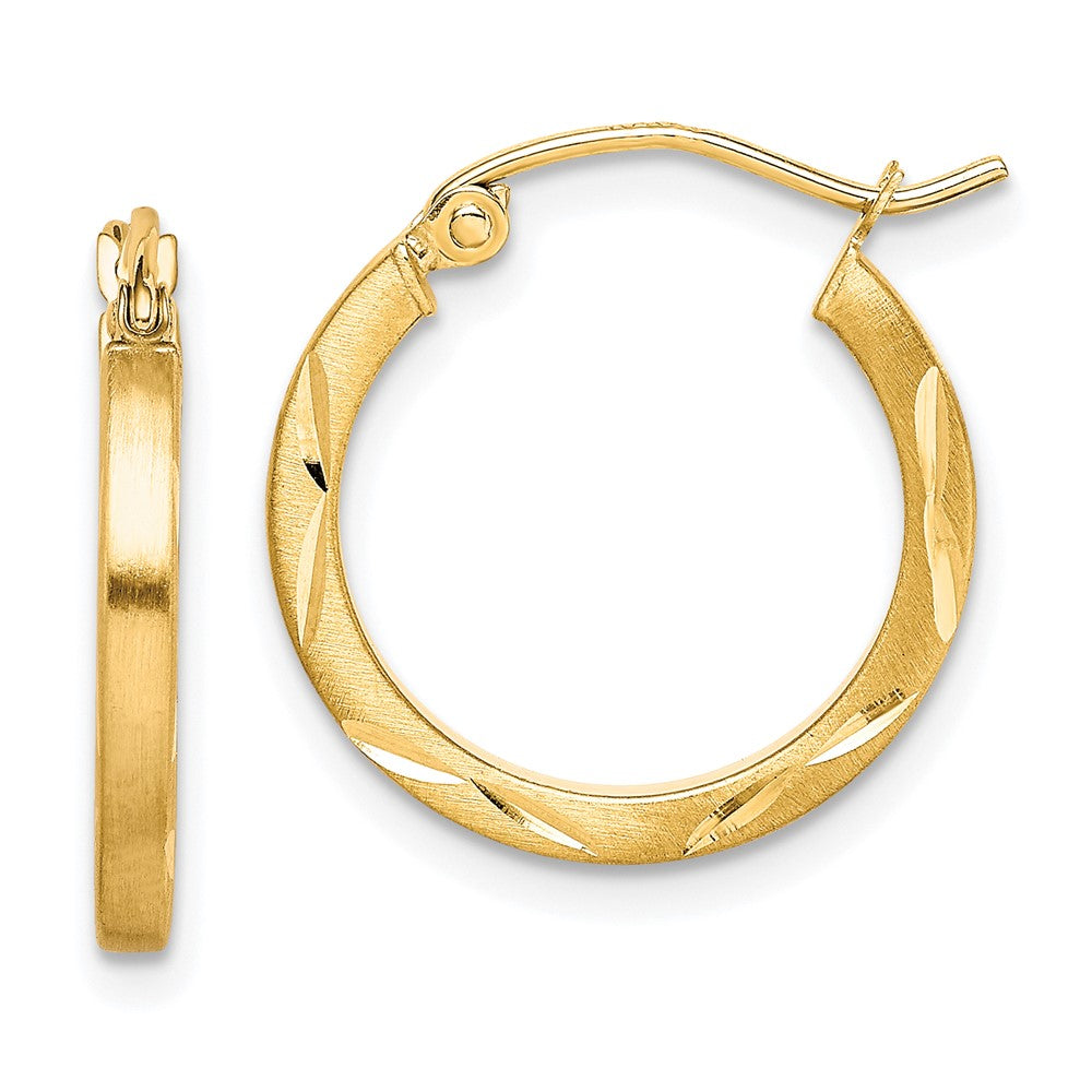 10K Satin Diamond Cut 2x20mm Hoop Earrings, 19 x 18 mm