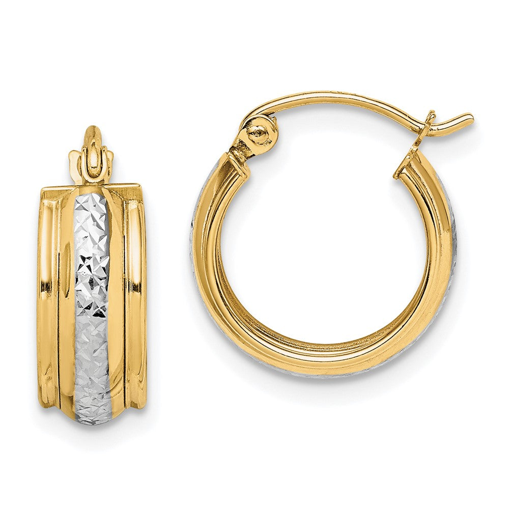 10K & Rhodium Diamond Cut Small Hoop Earrings, 15 x 15 mm