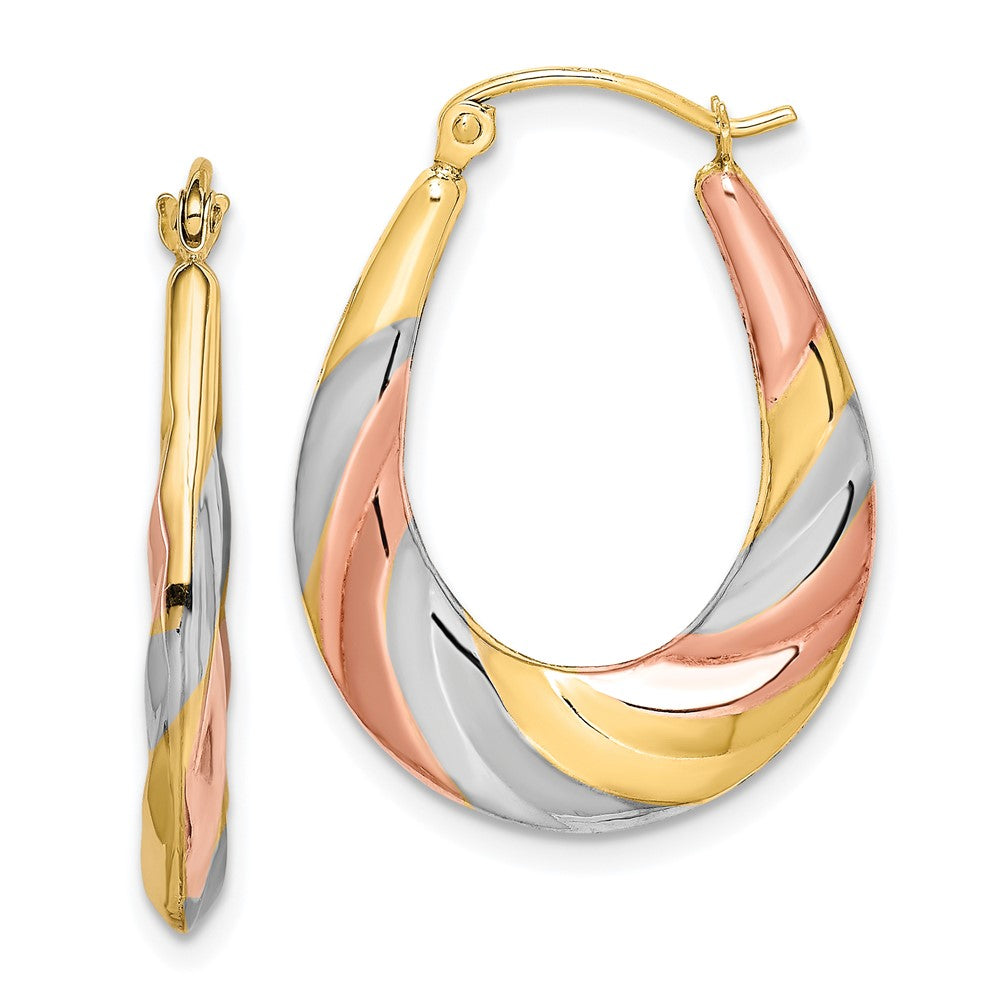 10K and Rhodium Oval Scalloped Hollow Hoop Earrings, 27 x 20 mm