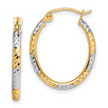 10K & Rhodium Diamond Cut Patterned Oval Hoop Earrings, 21 x 16 mm