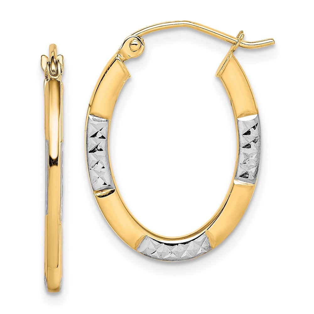 10K and Rhodium Diamond Cut Oval Hoop Earrings, 23 x 18 mm