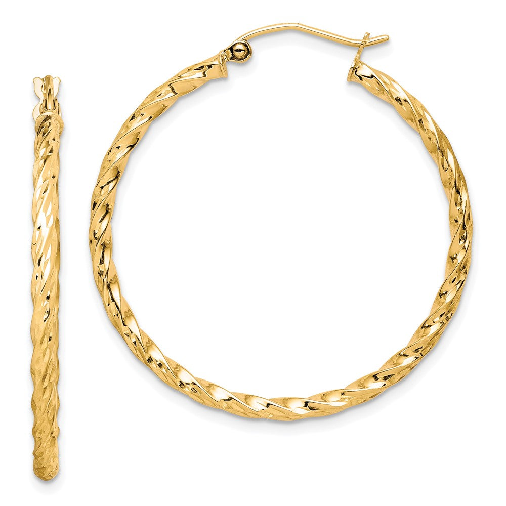 10K Twisted Diamond Cut 35mm Hoop Earrings, 36 x 35 mm