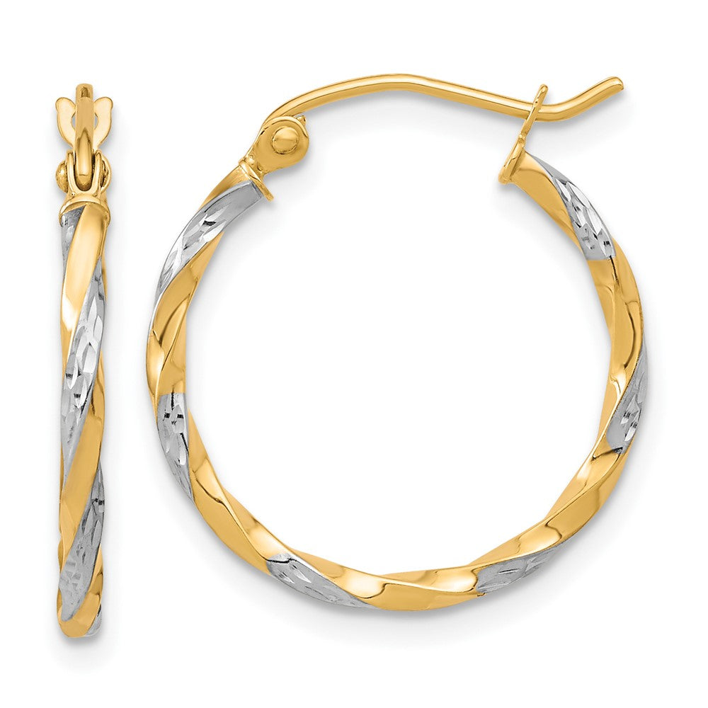 10k & Rhodium Hollow Twisted Hoop Earrings, 21.25 x 2 mm
