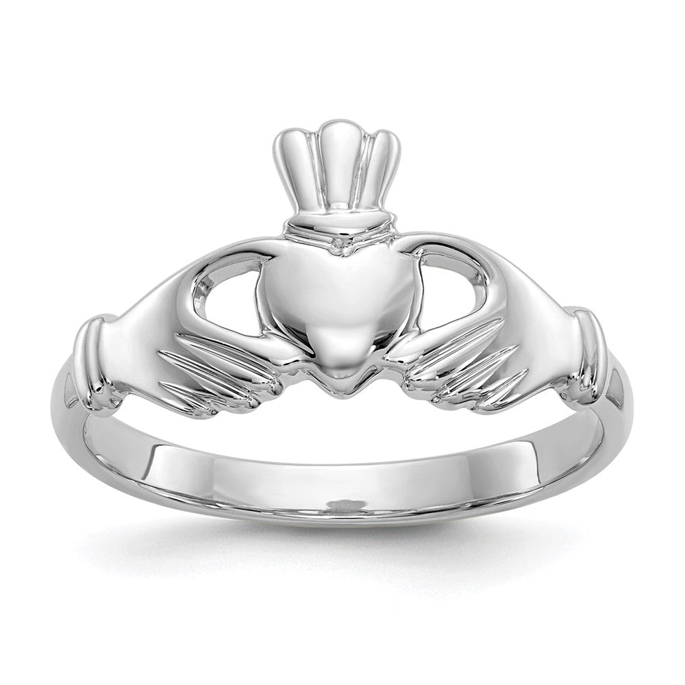 10k White Gold Polished Ladies Claddagh Ring, Size 6.5