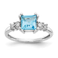 10k White Gold 1/20 carat Diamond and 6mm Princess Blue Topaz Ring, 1.364 ct, Size 7