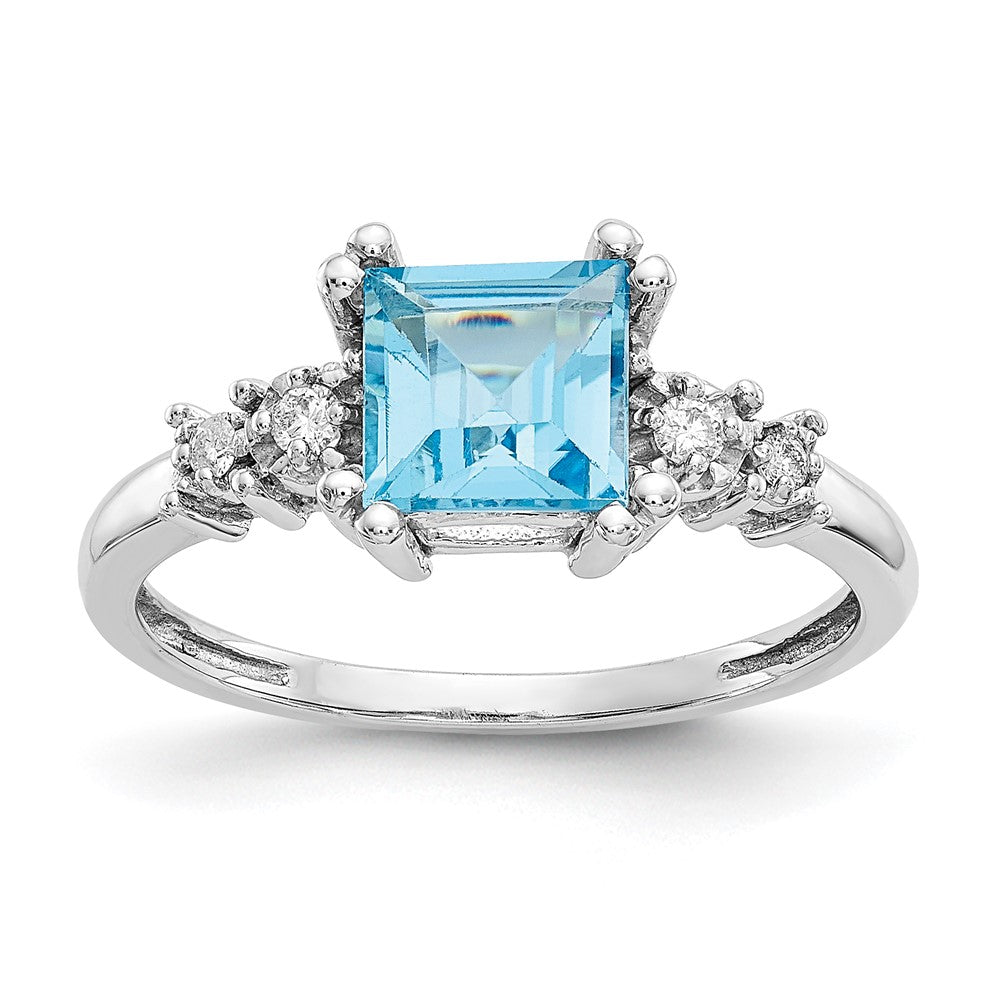10k White Gold 1/20 carat Diamond and 6mm Princess Blue Topaz Ring, 1.364 ct, Size 7