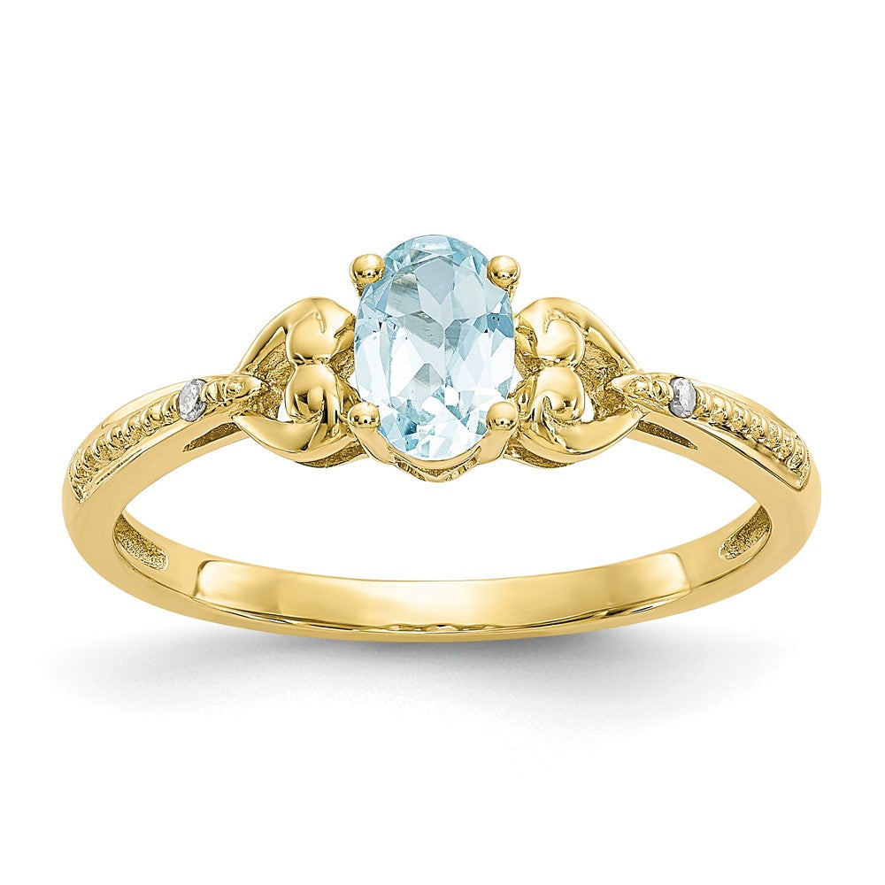 10k 6x4mm Oval March/ Aquamarine and Diamond Size 7 Ring, 0.56 ct
