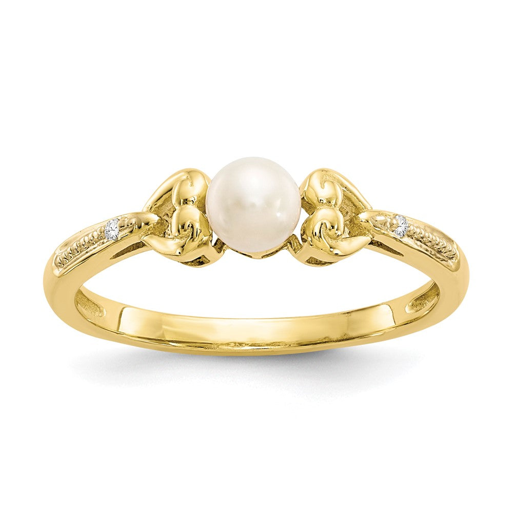 10K 4.5mm Round June/ Freshwater Cultured Pearl and Diamond Size 7 Ring, 0.011 ct
