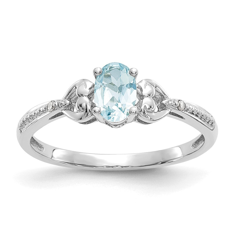 10k White Gold 6x4mm Oval March/ Aquamarine and Diamond Size 7 Ring, 0.56 ct