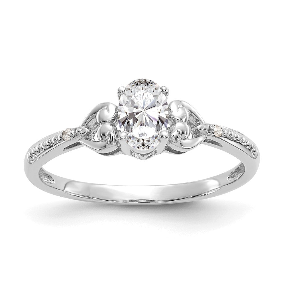 10k White Gold 6x4mm Oval April/ White Topaz and Diamond Size 7 Ring, 0.56 ct