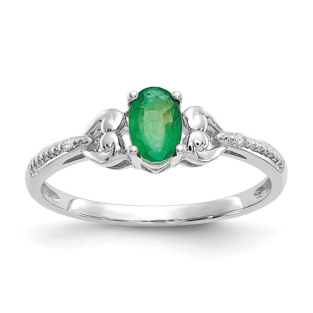10k White Gold 6x4mm Oval May/ Emerald and Diamond Size 7 Ring, 0.56 ct
