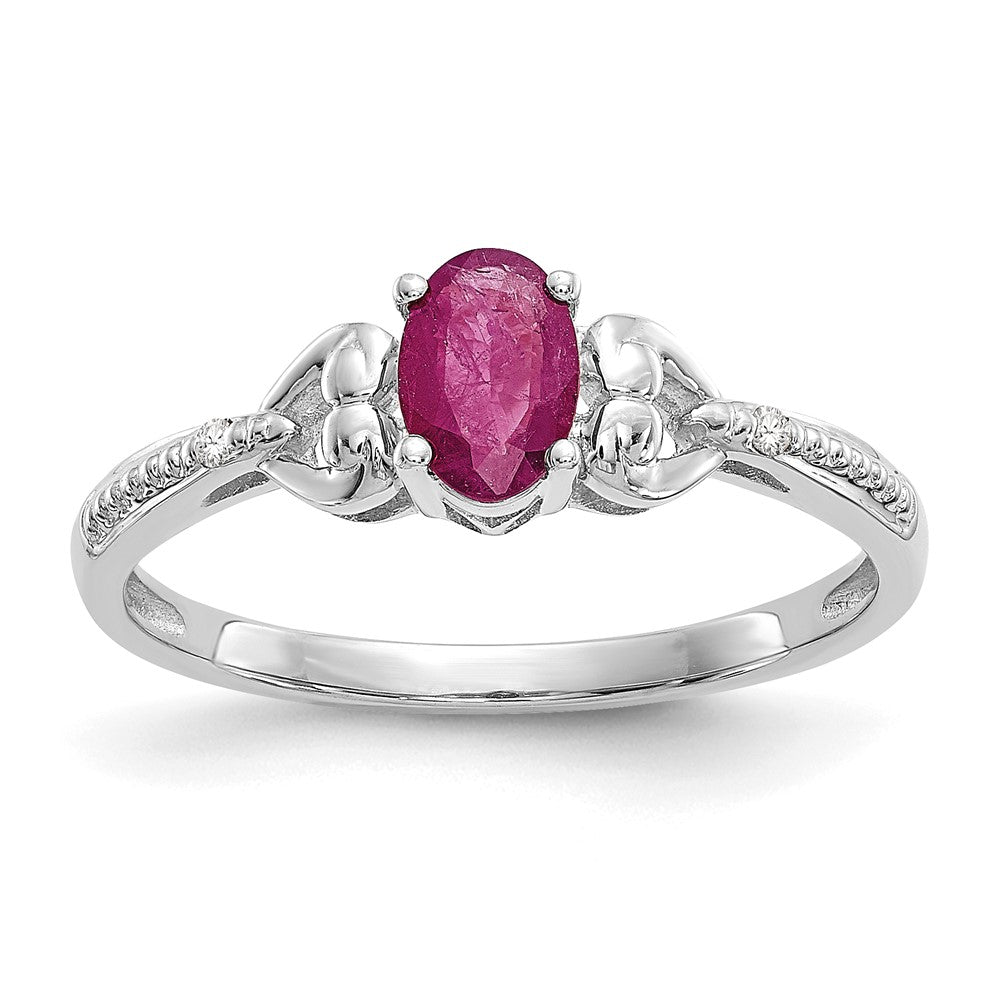 10k White Gold 6x4mm Oval July/ Ruby and Diamond Size 7 Ring, 0.56 ct