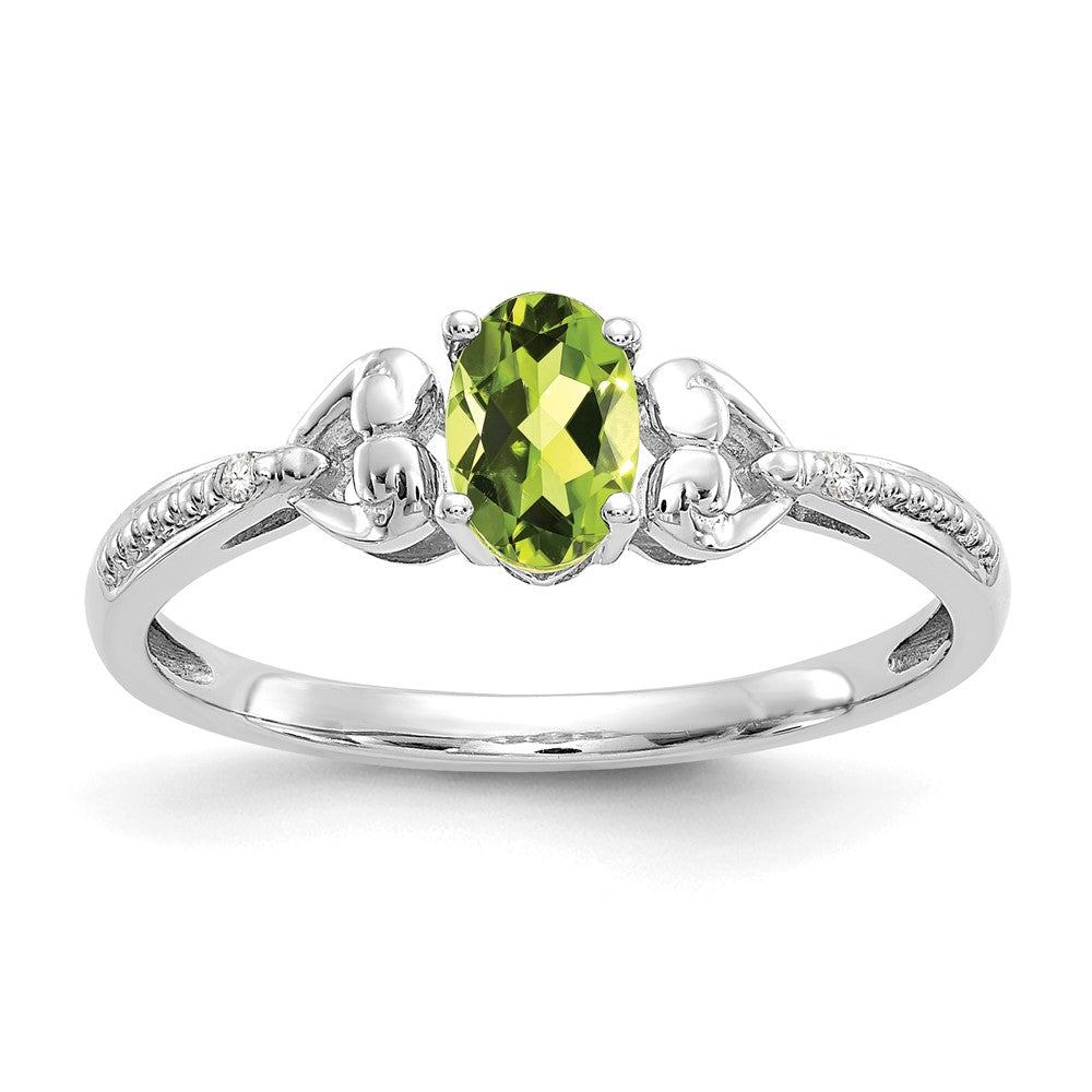 10k White Gold 6x4mm Oval August/ Peridot and Diamond Size 7 Ring, 0.56 ct