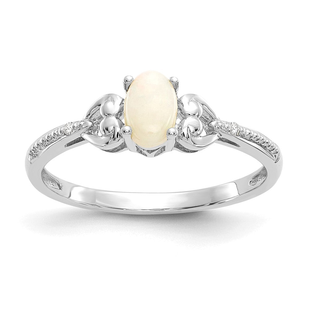 10k White Gold 6x4mm Oval October/ Opal and Diamond Size 7 Ring, 0.56 ct