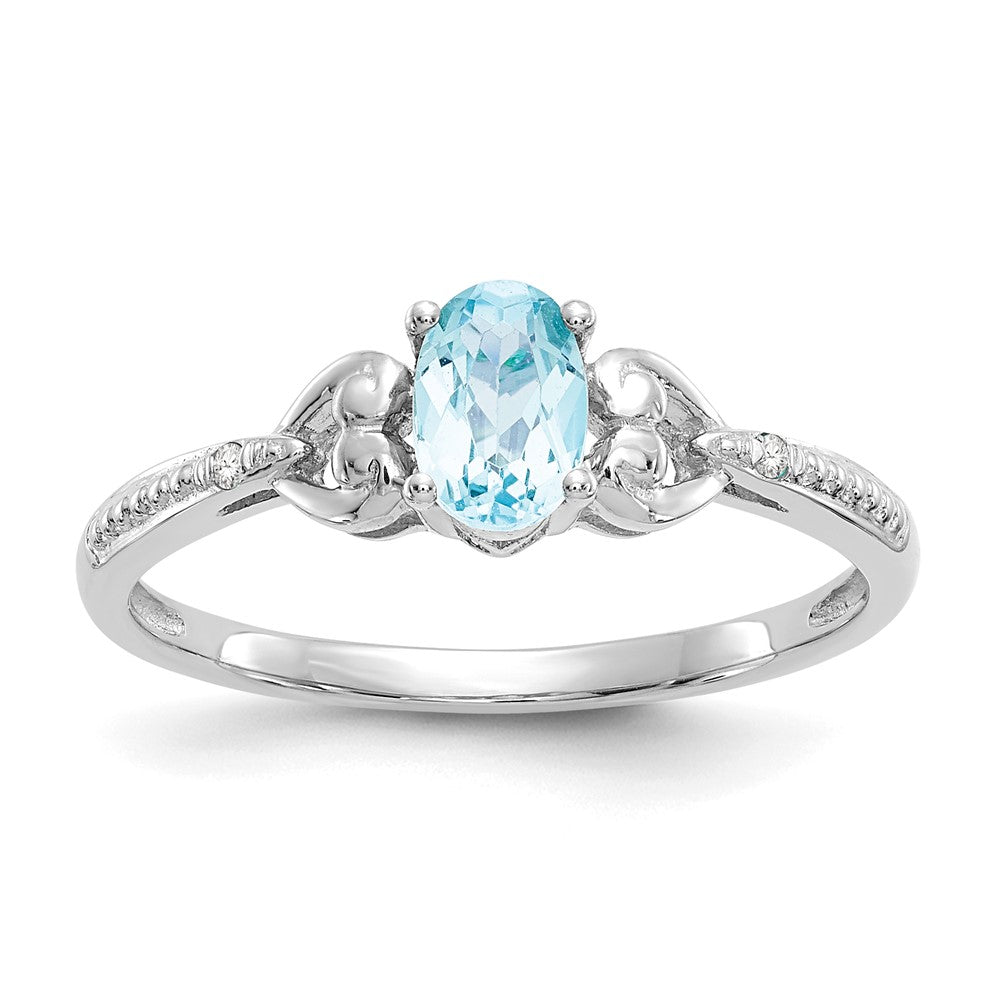 10k White Gold 6x4mm Oval December/ Swiss Blue Topaz and Diamond Size 7 Ring, 0.56 ct