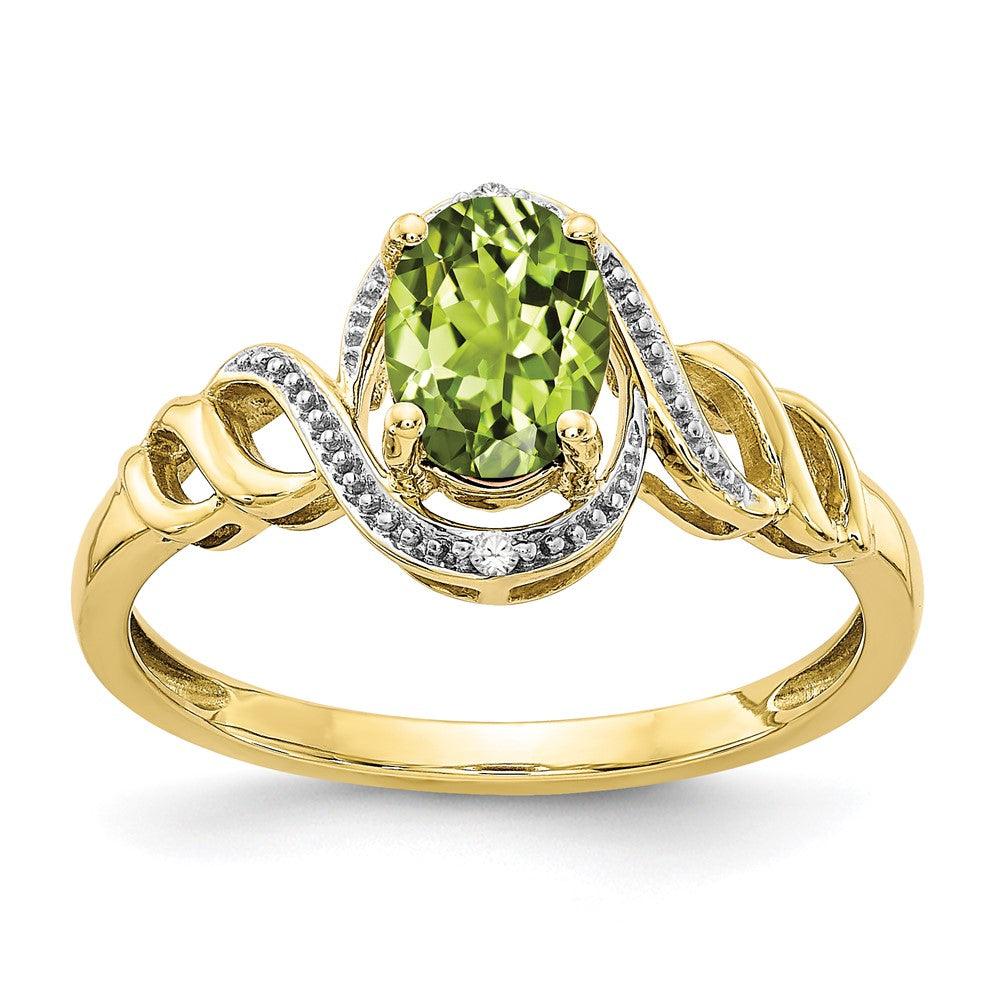 10k 7x5mm Oval August/ Peridot and Diamond Size 7 Ring, 0.946 ct
