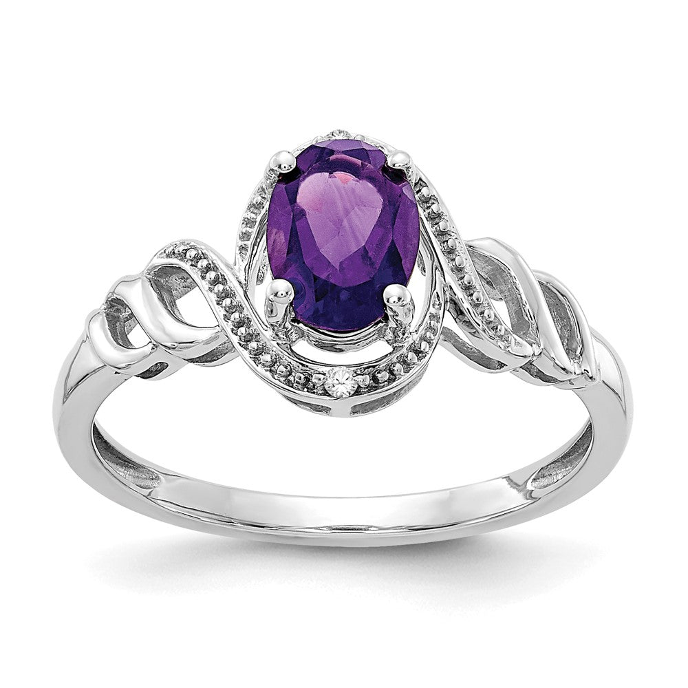 10k White Gold 7x5mm Oval February/ Amethyst and Diamond Size 7 Ring, 0.946 ct