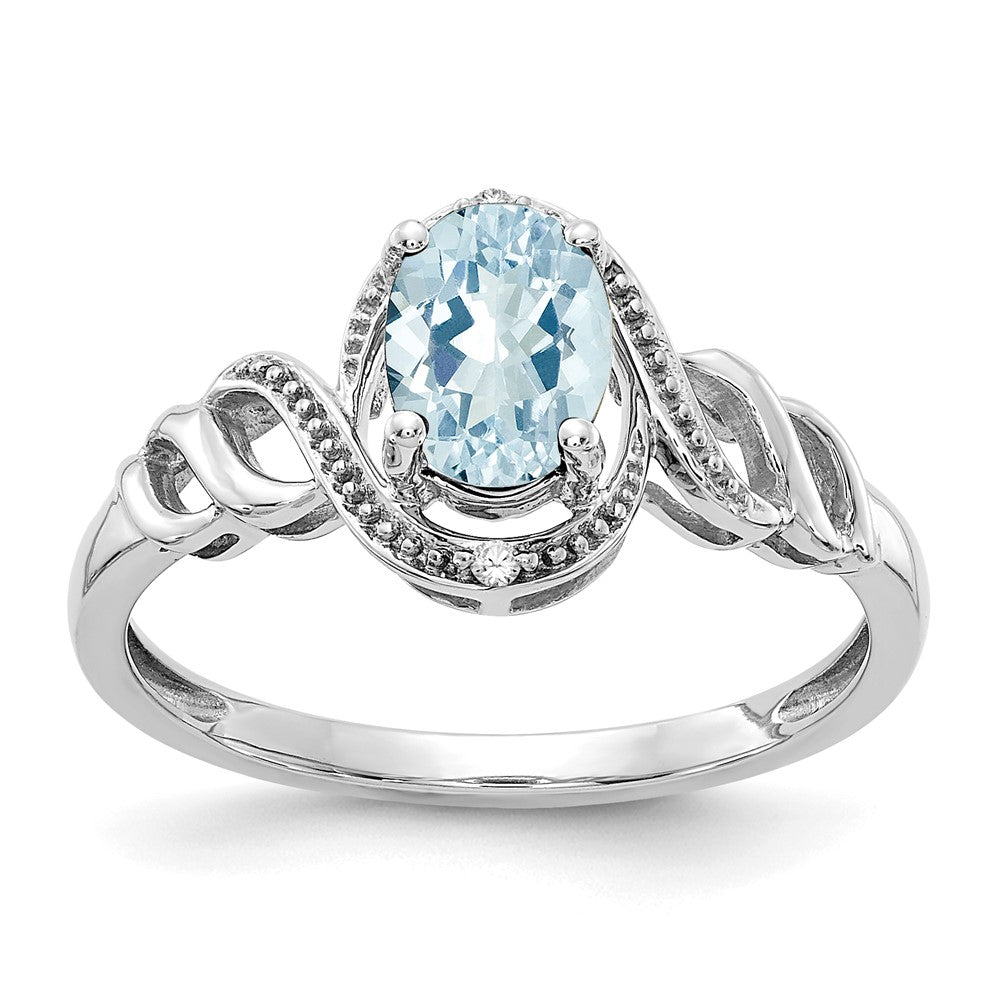 10k White Gold 7x5mm Oval March/ Aquamarine and Diamond Size 7 Ring, 0.946 ct