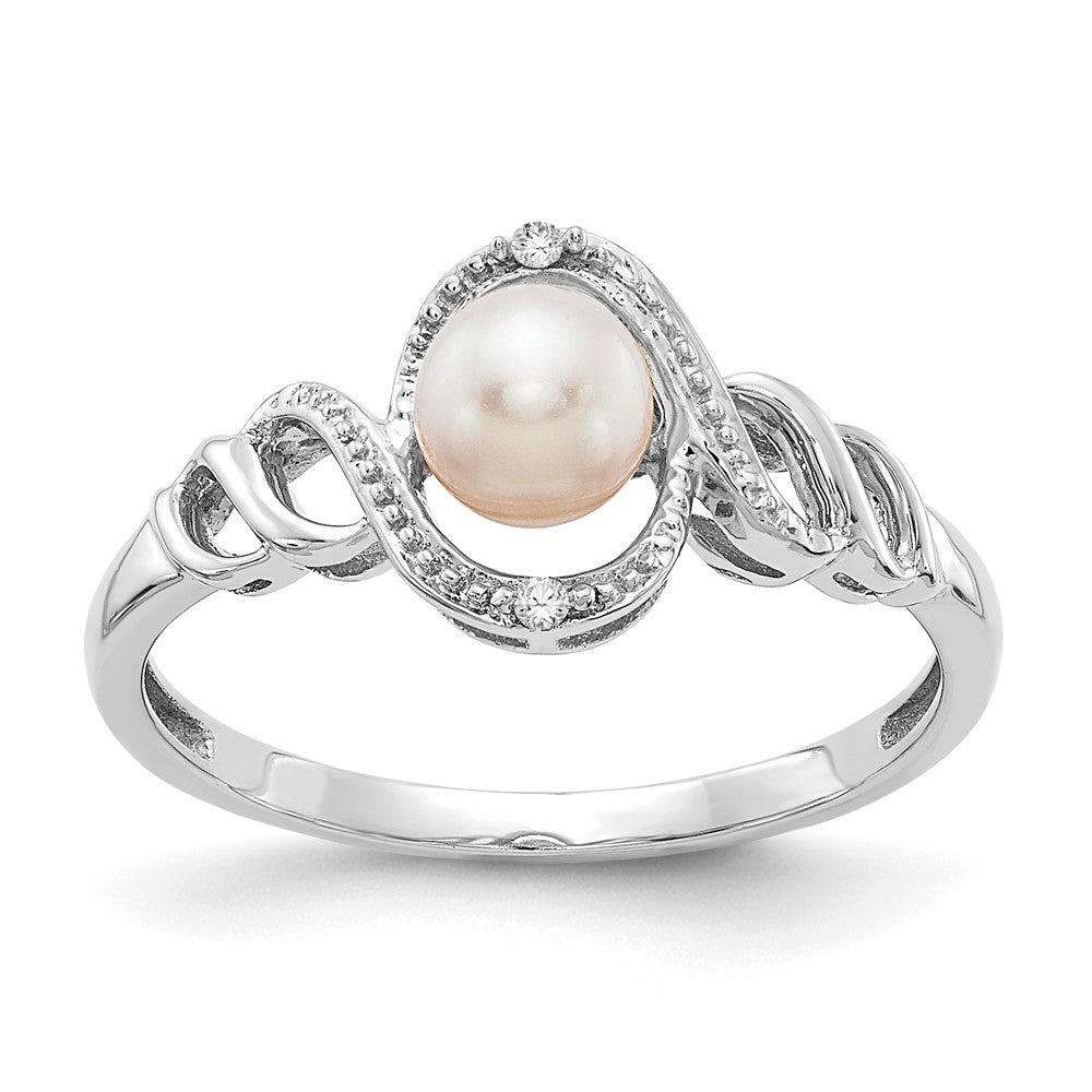 10k White Gold 5.5mm June/ Freshwater Cultured Pearl and Diamond Size 7 Ring, 0.51 ct