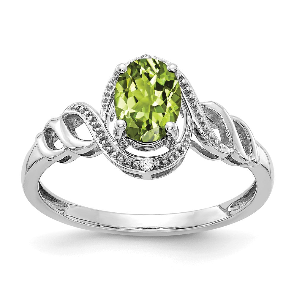 10k White Gold 7x5mm Oval August/ Peridot and Diamond Size 7 Ring, 0.946 ct