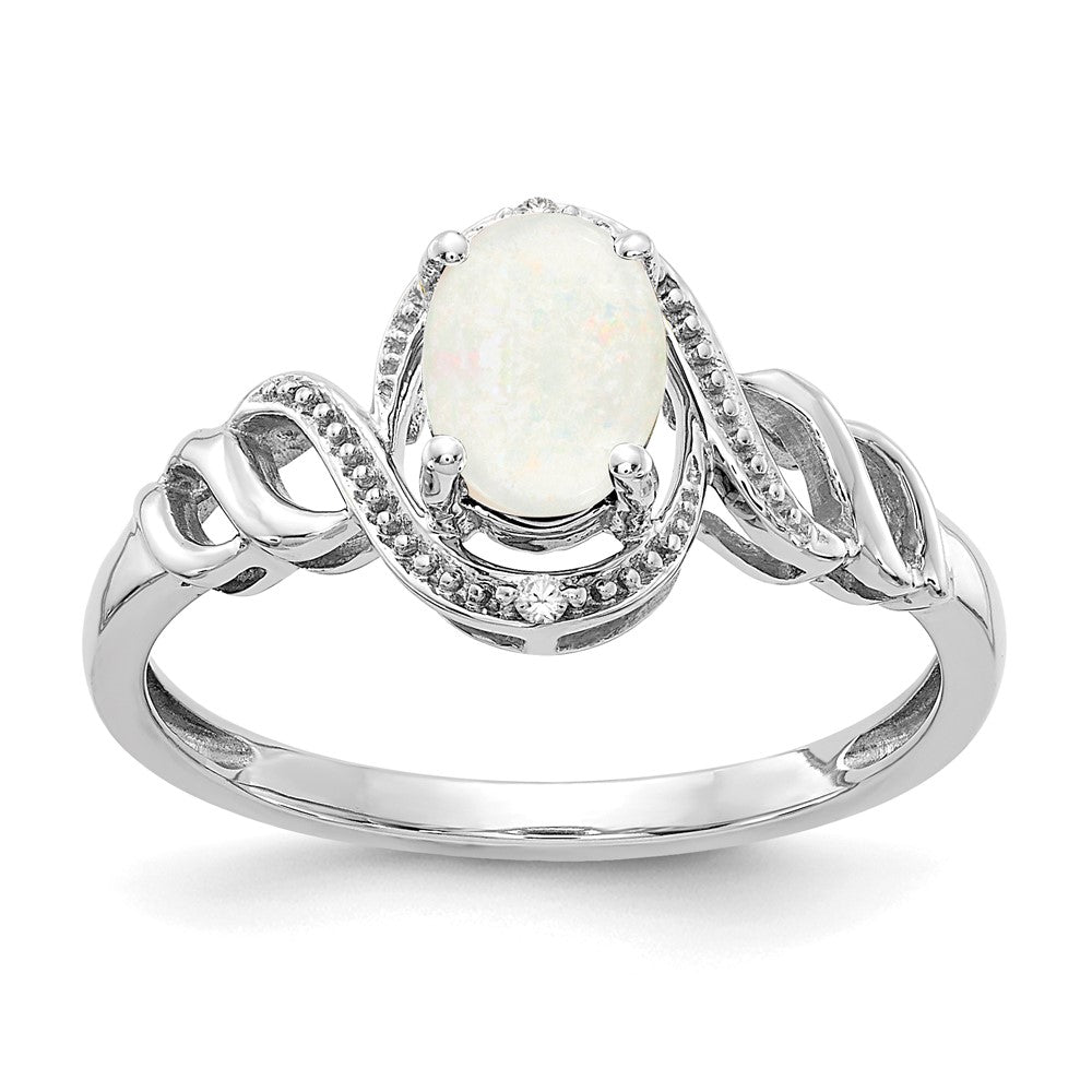 10k White Gold 7x5mm Oval October/ Opal and Diamond Size 7 Ring, 0.946 ct