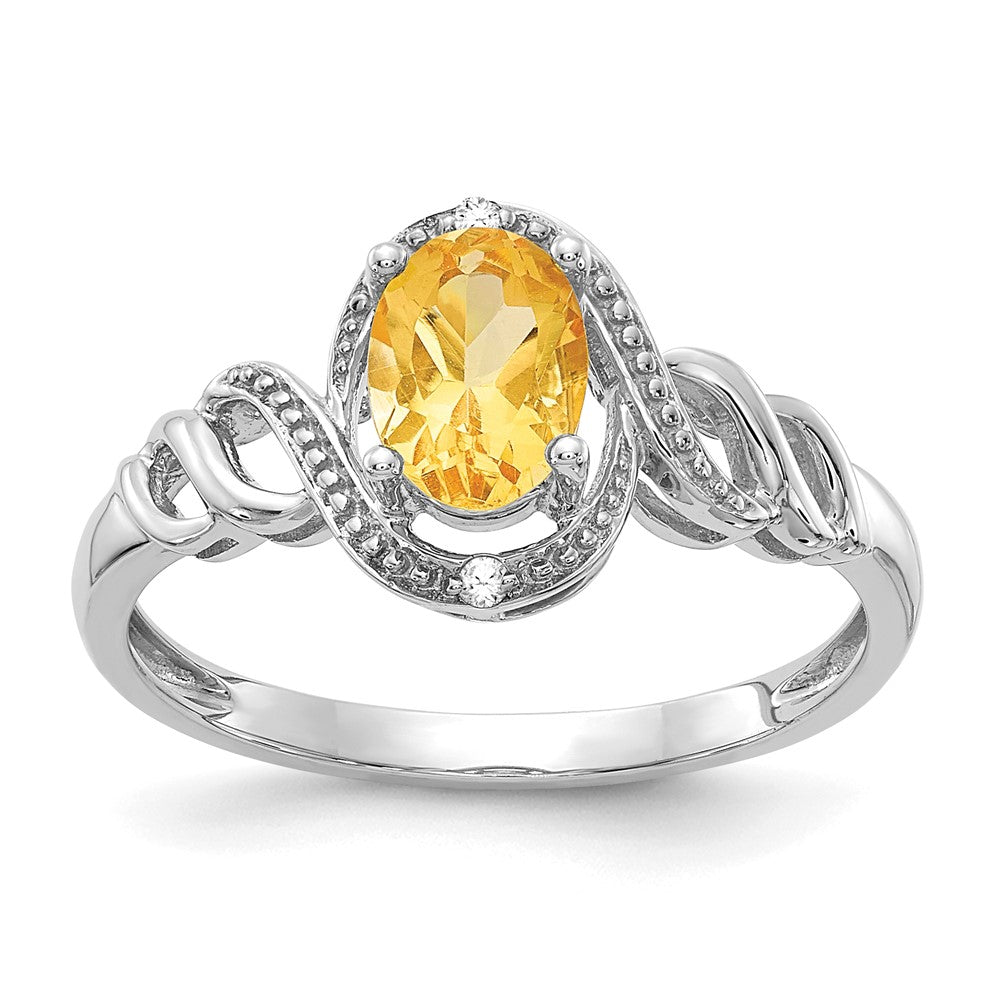 10k White Gold 7x5mm Oval November/ Citrine and Diamond Size 7 Ring, 0.946 ct
