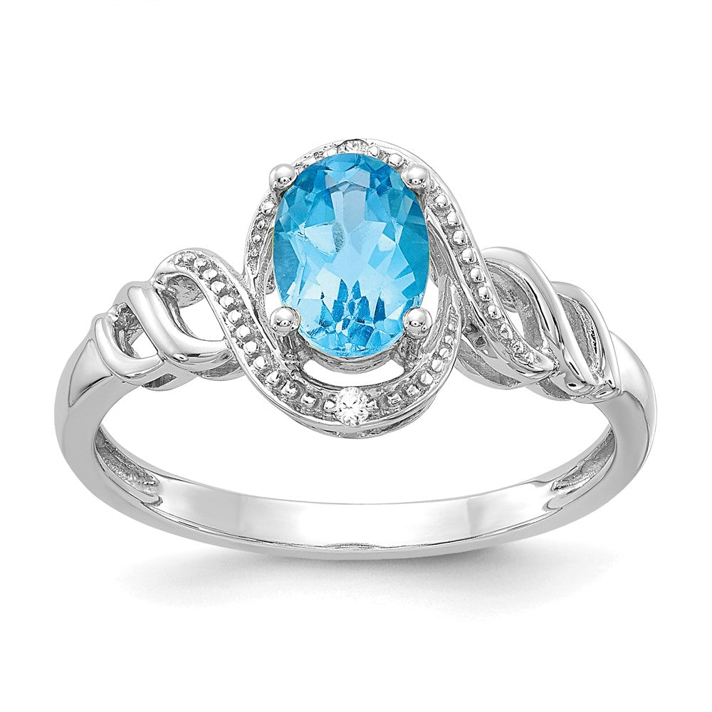 10k White Gold 7x5mm Oval December/ Light Swiss Blue Topaz and Diamond Size 7 Ring, 0.946 ct