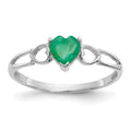 10k White Gold Polished 5mm Heart Genuine May/ Emerald Birthstone Size 7 Ring, 0.45 ct, Size 6