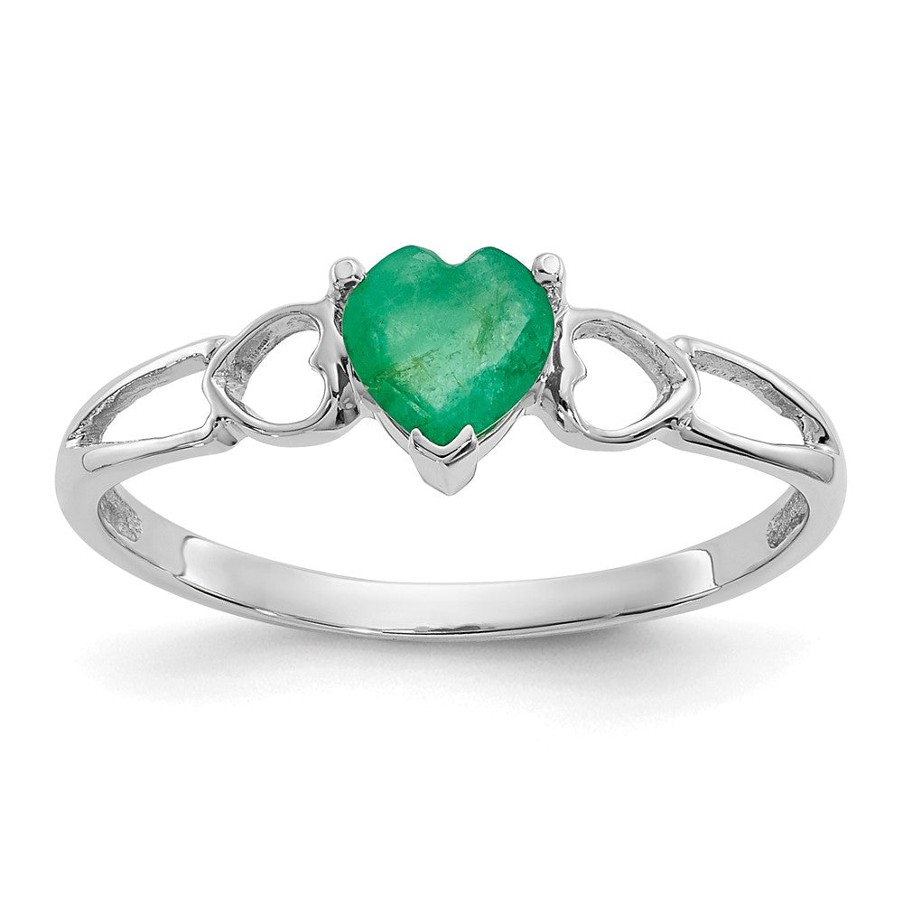 10k White Gold Polished 5mm Heart Genuine May/ Emerald Birthstone Size 7 Ring, 0.45 ct, Size 6