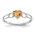 10k White Gold Polished 5mm Heart Genuine November/ Citrine Birthstone Size 7 Ring, 0.45 ct, Size 6