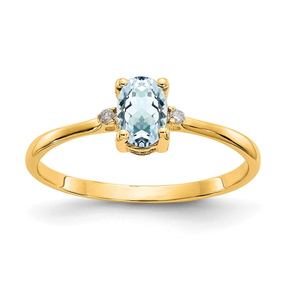 10k Polished 6x4mm Oval Genuine March/ Aquamarine and Diamond Birthstone Size 7 Ring, 0.466 ct