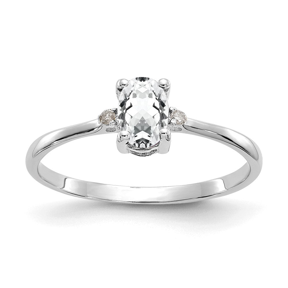 10k White Gold Polished 6x4mm Oval Genuine April/ White Topaz and Diamond Birthstone Size 7 Ring, 0.466 ct