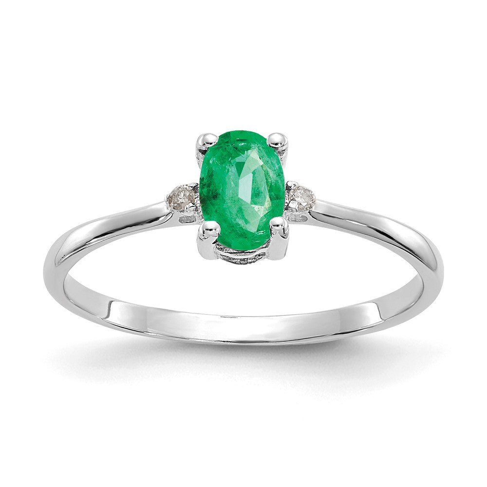 10k White Gold Polished 6x4mm Oval Genuine May/ Emerald and Diamond Birthstone Size 7 Ring, 0.466 ct