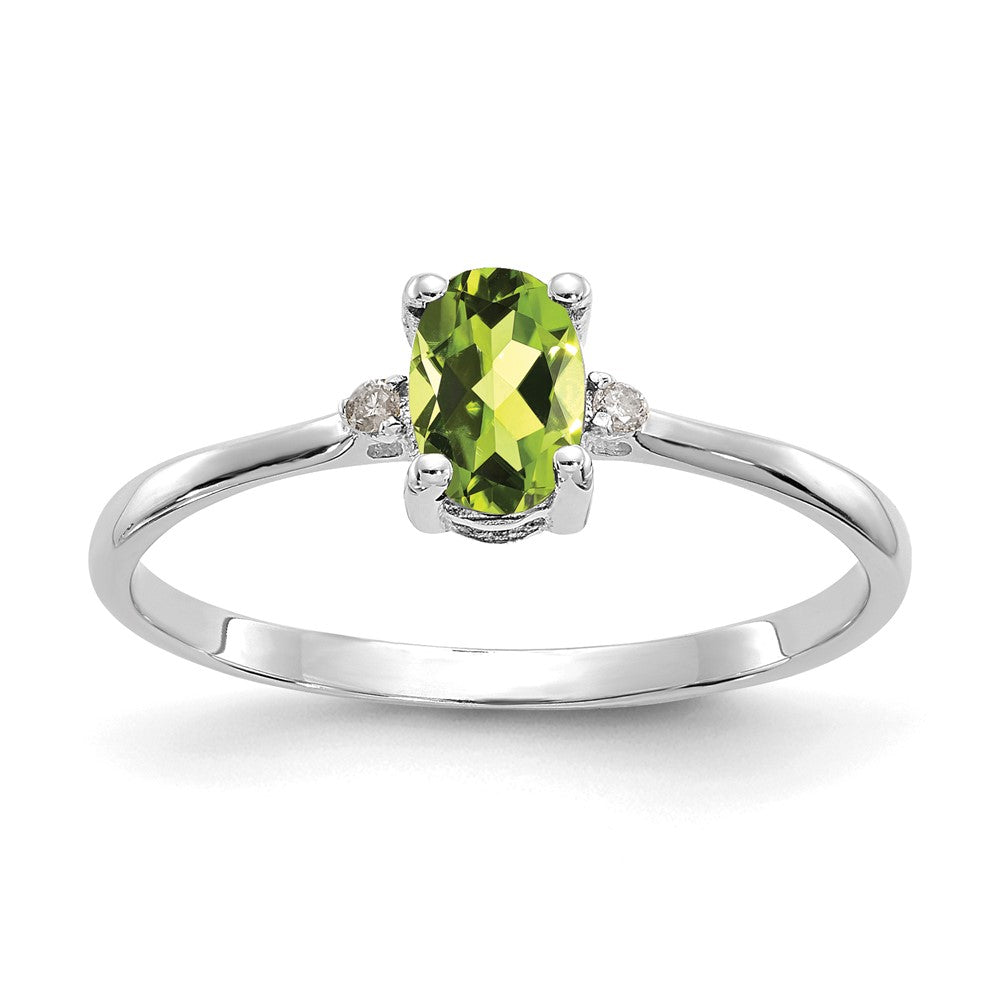 10k White Gold Polished 6x4mm Oval Genuine August/ Peridot and Diamond Birthstone Size 7 Ring, 0.466 ct